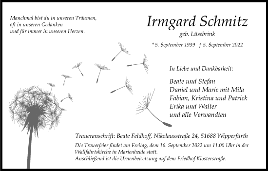 Anzeige von Irmgard Schmitz von Kölner Stadt-Anzeiger / Kölnische Rundschau / Express