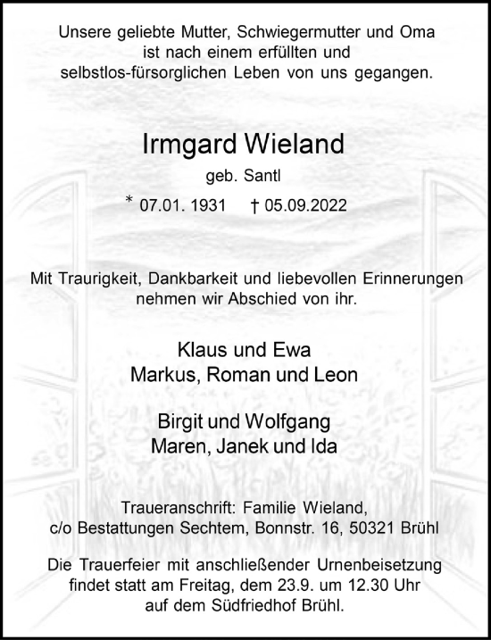 Anzeige von Irmgard Wieland von  Schlossbote/Werbekurier 