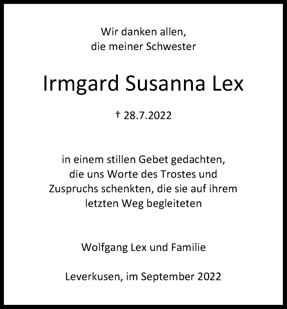  Traueranzeige für Irmgard Susanna Lex vom 28.09.2022 aus Kölner Stadt-Anzeiger / Kölnische Rundschau / Express