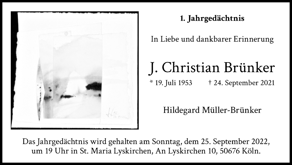  Traueranzeige für J. Christian Brünker vom 24.09.2022 aus Kölner Stadt-Anzeiger / Kölnische Rundschau / Express