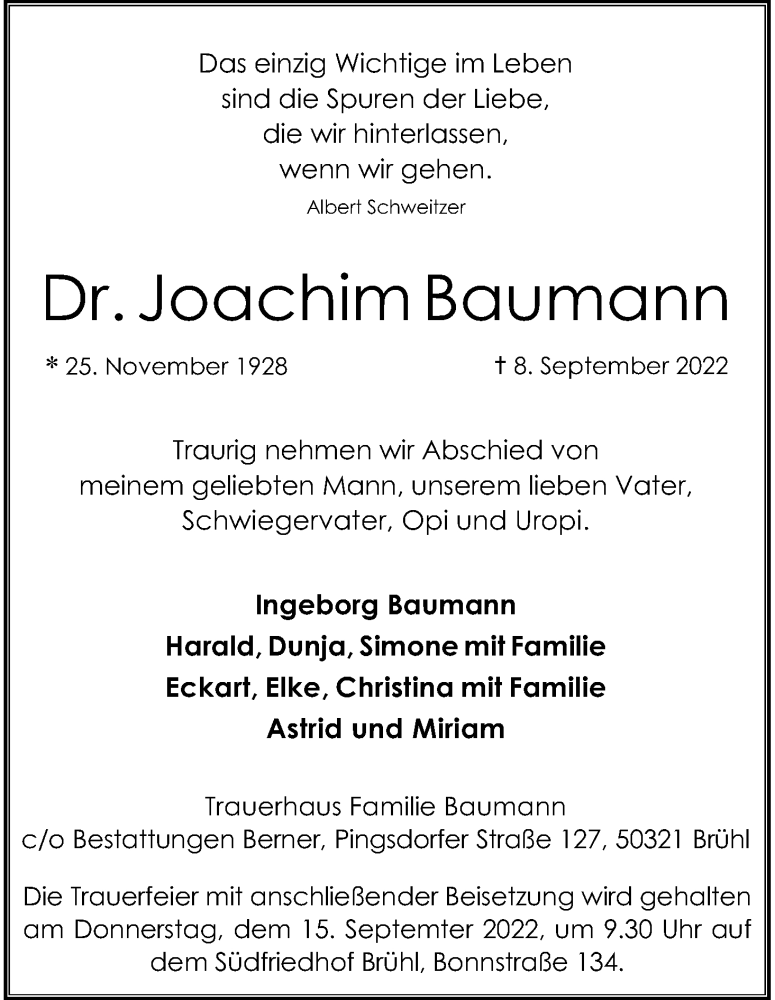  Traueranzeige für Joachim Baumann vom 13.09.2022 aus Kölner Stadt-Anzeiger / Kölnische Rundschau / Express