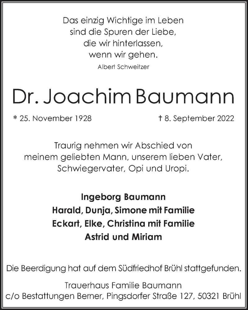  Traueranzeige für Joachim Baumann vom 16.09.2022 aus  Schlossbote/Werbekurier 