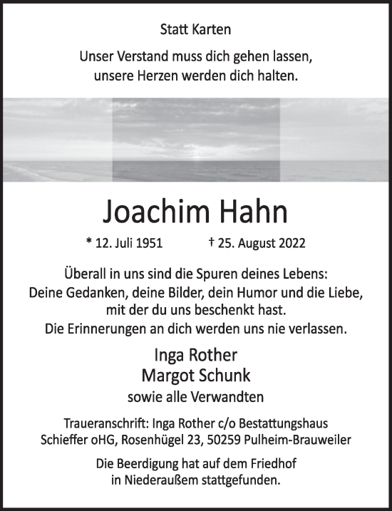 Anzeige von Joachim Hahn von  Werbepost 