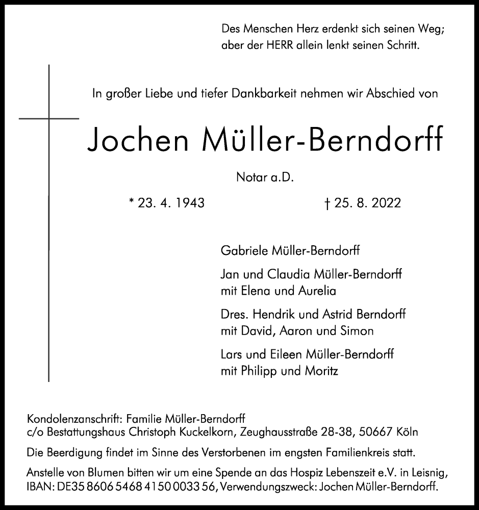  Traueranzeige für Jochen Müller-Berndorff vom 03.09.2022 aus Kölner Stadt-Anzeiger / Kölnische Rundschau / Express