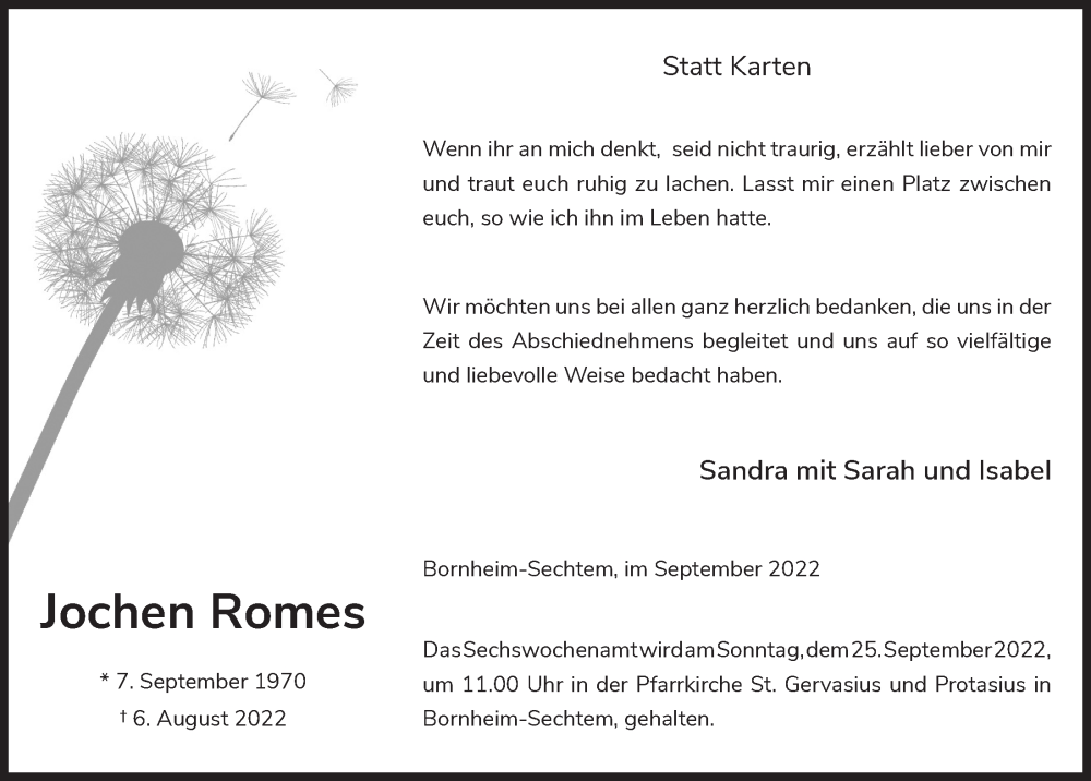  Traueranzeige für Jochen Romes vom 09.09.2022 aus  Schaufenster/Blickpunkt 