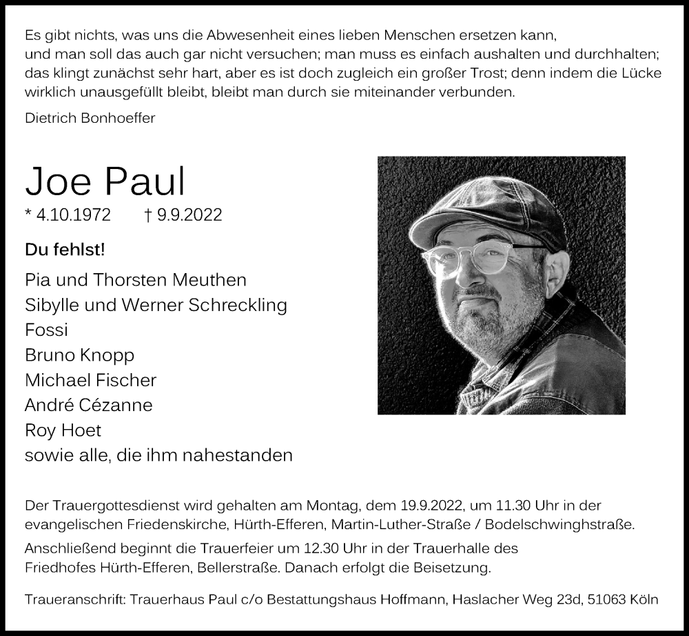  Traueranzeige für Joe Paul vom 16.09.2022 aus Kölner Stadt-Anzeiger / Kölnische Rundschau / Express