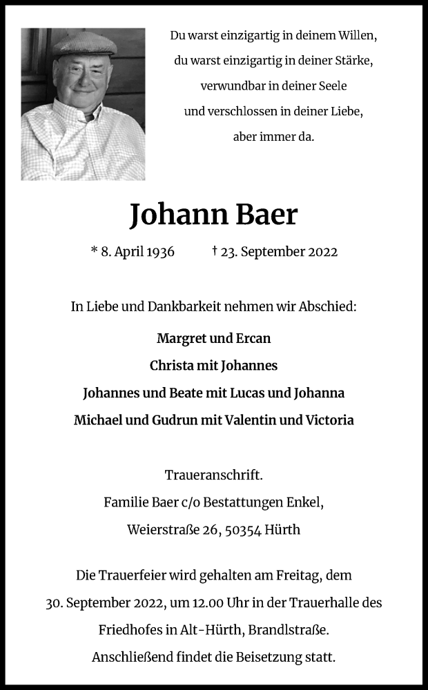  Traueranzeige für Johann Baer vom 27.09.2022 aus Kölner Stadt-Anzeiger / Kölnische Rundschau / Express