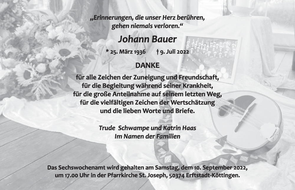  Traueranzeige für Johann Bauer vom 02.09.2022 aus  Werbepost 