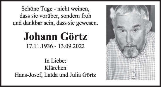 Anzeige von Johann Görtz von  Wochenende 