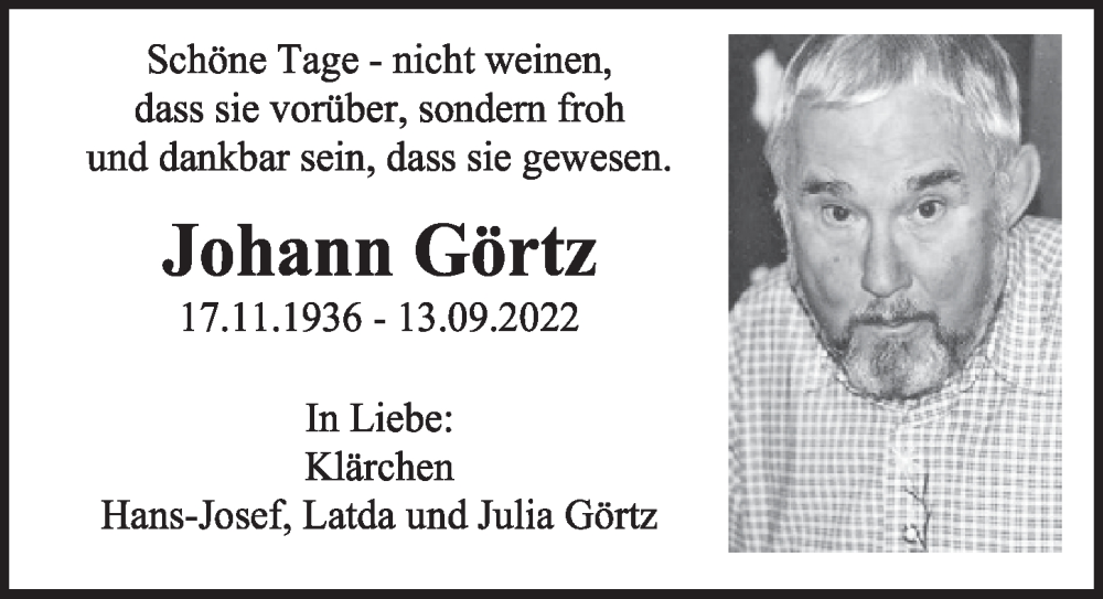  Traueranzeige für Johann Görtz vom 23.09.2022 aus  Wochenende 