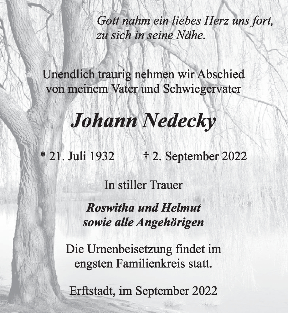  Traueranzeige für Johann Nedecky vom 16.09.2022 aus  Werbepost 