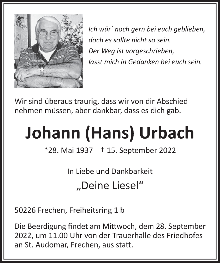  Traueranzeige für Johann  Urbach vom 23.09.2022 aus  Wochenende 