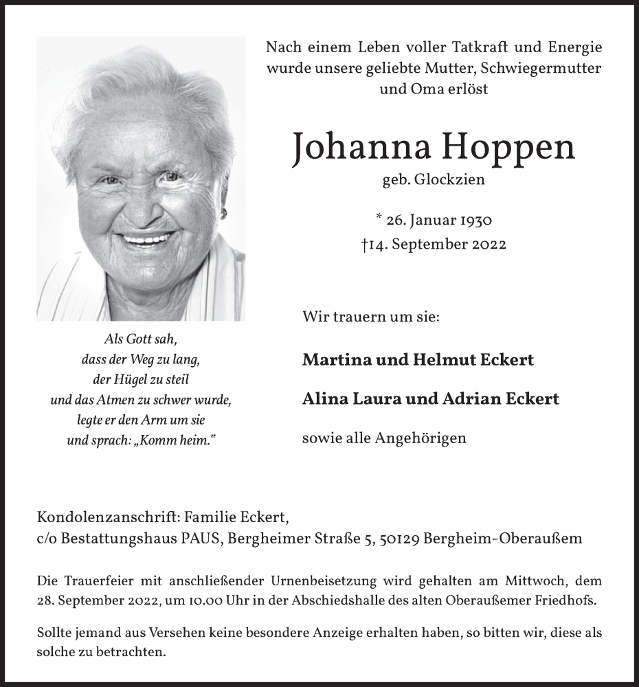  Traueranzeige für Johanna Hoppen vom 23.09.2022 aus  Werbepost 