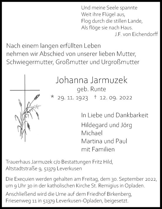Anzeige von Johanna Jarmuzek von Kölner Stadt-Anzeiger / Kölnische Rundschau / Express
