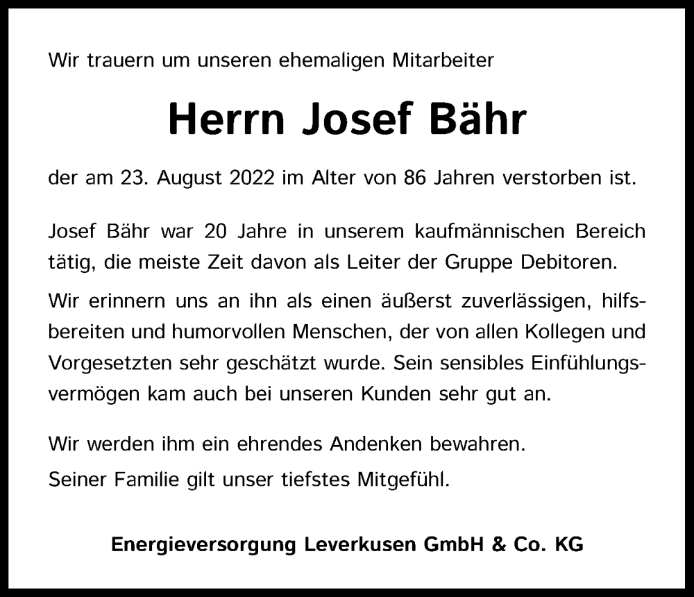  Traueranzeige für Josef Bähr vom 03.09.2022 aus Kölner Stadt-Anzeiger / Kölnische Rundschau / Express