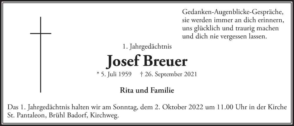  Traueranzeige für Josef Breuer vom 23.09.2022 aus  Schlossbote/Werbekurier 