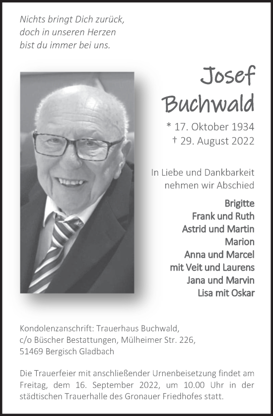 Anzeige von Josef Buchwald von  Bergisches Handelsblatt 