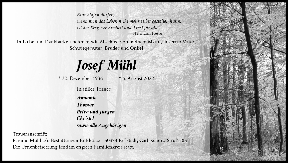  Traueranzeige für Josef Mühl vom 10.09.2022 aus Kölner Stadt-Anzeiger / Kölnische Rundschau / Express