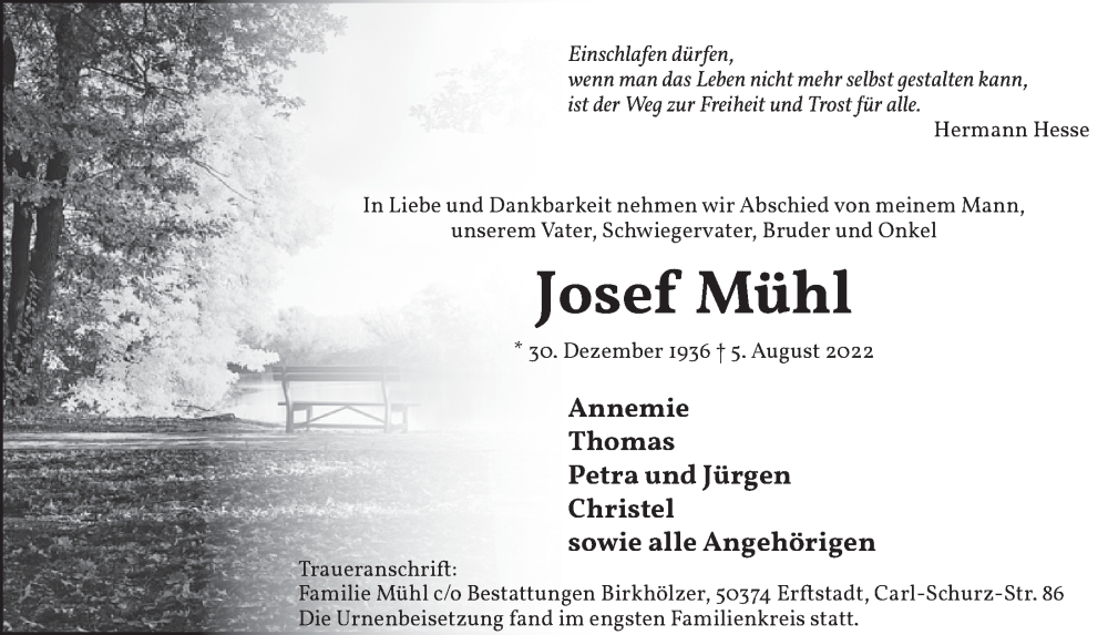  Traueranzeige für Josef Mühl vom 09.09.2022 aus  Werbepost 