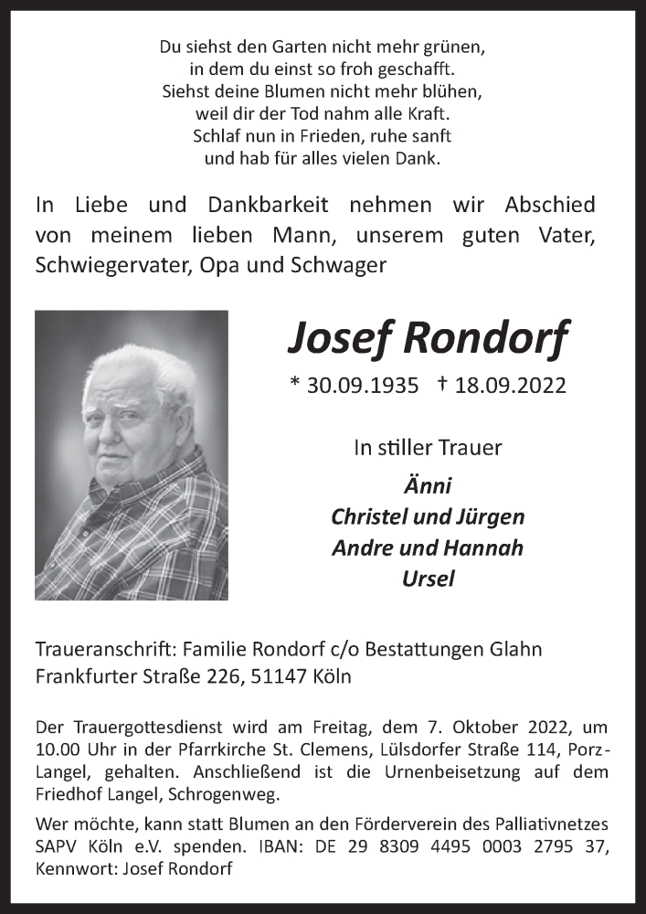  Traueranzeige für Josef Rondorf vom 23.09.2022 aus  EXPRESS - Die Woche 