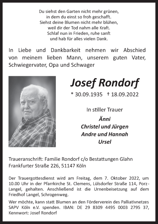 Anzeige von Josef Rondorf von  EXPRESS - Die Woche 