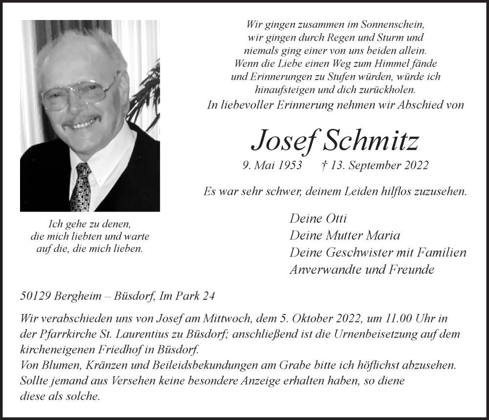  Traueranzeige für Josef Schmitz vom 23.09.2022 aus  Werbepost 