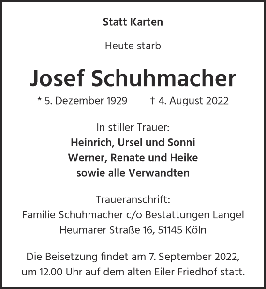 Anzeige von Josef Schuhmacher von  EXPRESS - Die Woche 