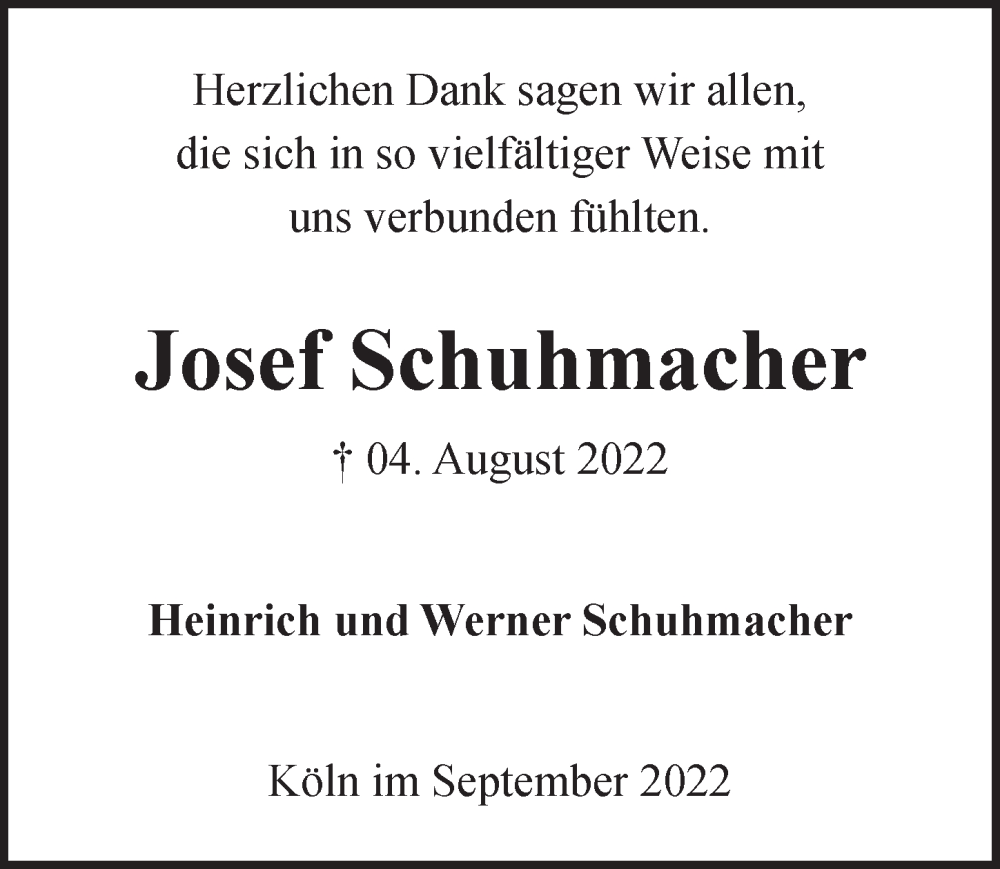  Traueranzeige für Josef Schuhmacher vom 30.09.2022 aus  EXPRESS - Die Woche 