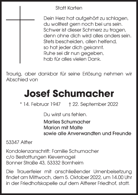 Anzeige von Josef Schumacher von  Schaufenster/Blickpunkt 