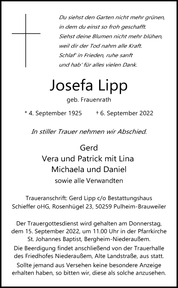  Traueranzeige für Josefa Lipp vom 10.09.2022 aus Kölner Stadt-Anzeiger / Kölnische Rundschau / Express