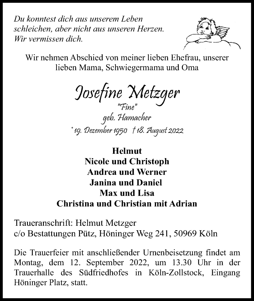  Traueranzeige für Josefine Metzger vom 10.09.2022 aus Kölner Stadt-Anzeiger / Kölnische Rundschau / Express