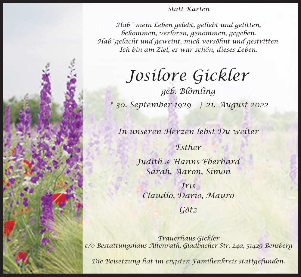  Traueranzeige für Josilore Gickler vom 24.09.2022 aus Kölner Stadt-Anzeiger / Kölnische Rundschau / Express