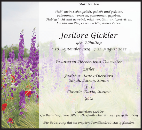 Anzeige von Josilore Gickler von Kölner Stadt-Anzeiger / Kölnische Rundschau / Express