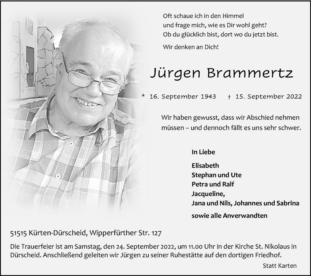  Traueranzeige für Jürgen Brammertz vom 21.09.2022 aus Kölner Stadt-Anzeiger / Kölnische Rundschau / Express