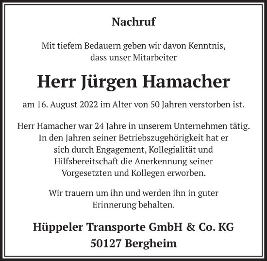 Anzeige von Jürgen Hamacher von  Werbepost 