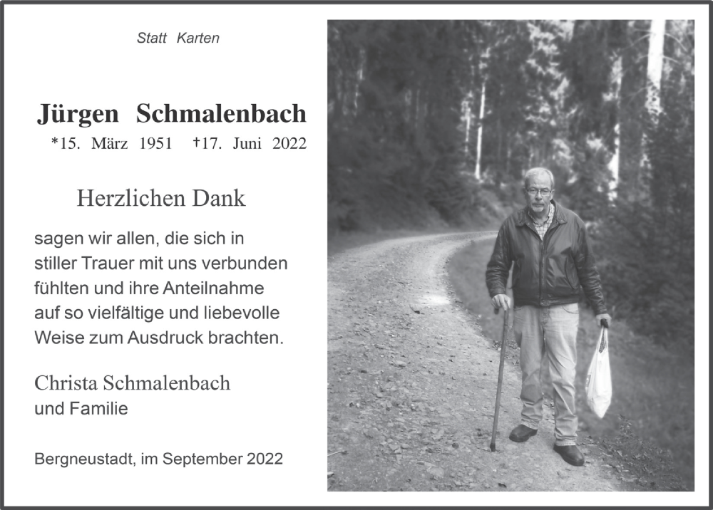  Traueranzeige für Jürgen Schmalenbach vom 23.09.2022 aus  Anzeigen Echo 