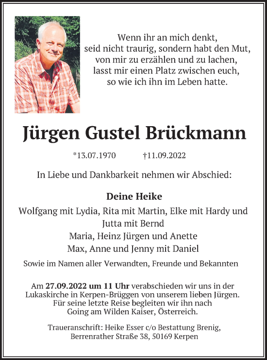 Anzeige von Jürgen Gustel Brückmann von Kölner Stadt-Anzeiger / Kölnische Rundschau / Express