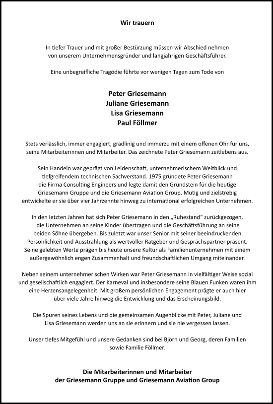 Anzeige von Juliane Griesemann von Kölner Stadt-Anzeiger / Kölnische Rundschau / Express