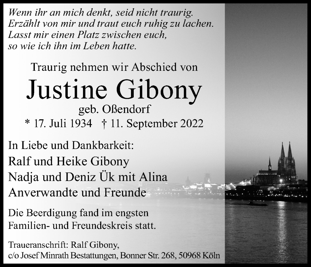  Traueranzeige für Justine Gibony vom 24.09.2022 aus Kölner Stadt-Anzeiger / Kölnische Rundschau / Express
