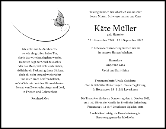 Anzeige von Käte Müller von Kölner Stadt-Anzeiger / Kölnische Rundschau / Express