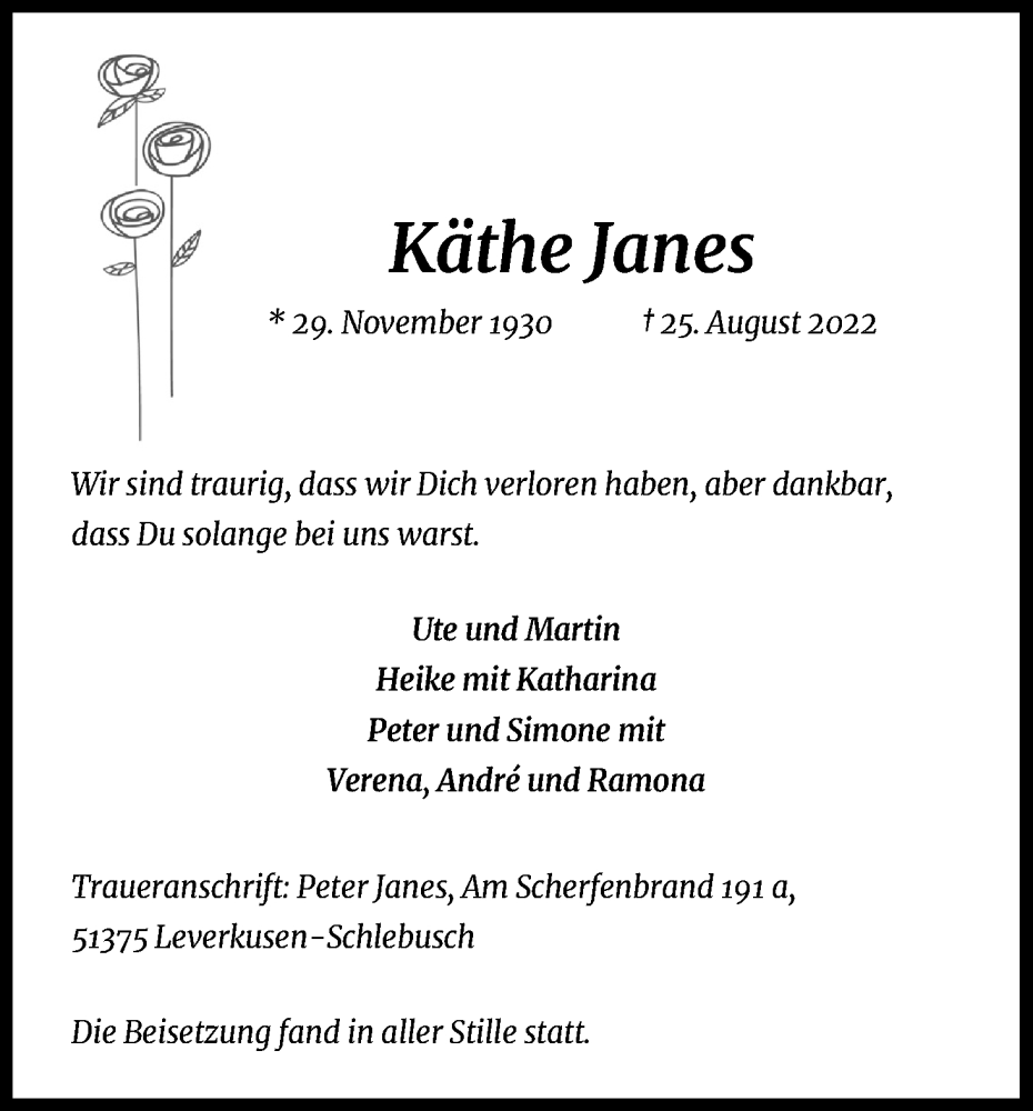  Traueranzeige für Käthe Janes vom 14.09.2022 aus Kölner Stadt-Anzeiger / Kölnische Rundschau / Express