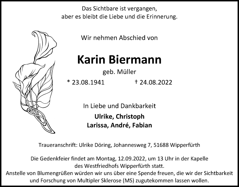  Traueranzeige für Karin Biermann vom 03.09.2022 aus Kölner Stadt-Anzeiger / Kölnische Rundschau / Express