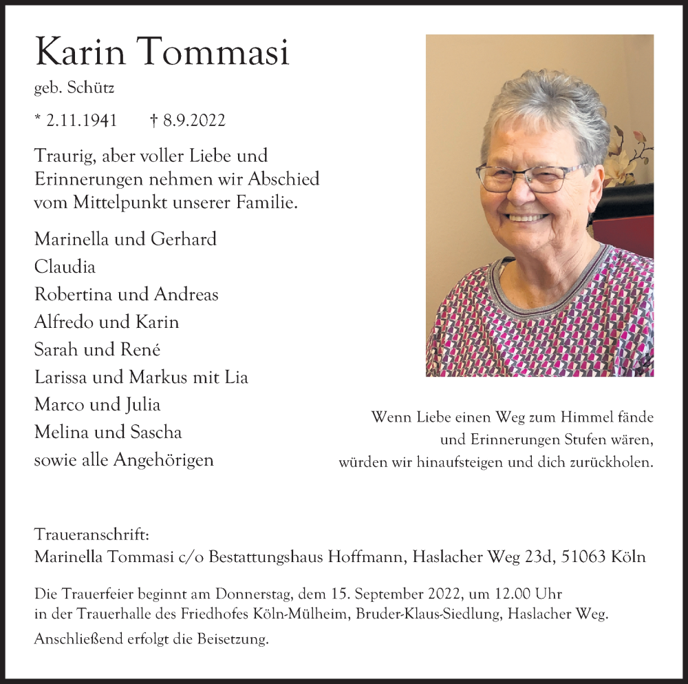  Traueranzeige für Karin Tommasi vom 13.09.2022 aus Kölner Stadt-Anzeiger / Kölnische Rundschau / Express