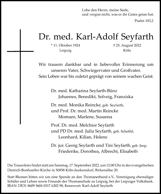 Anzeige von Karl-Adolf Seyfarth von Kölner Stadt-Anzeiger / Kölnische Rundschau / Express