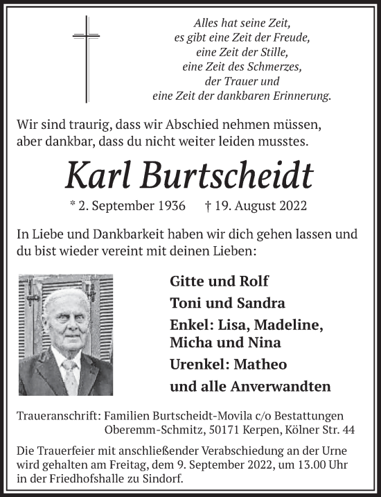 Anzeige von Karl Burtscheidt von  Werbepost 