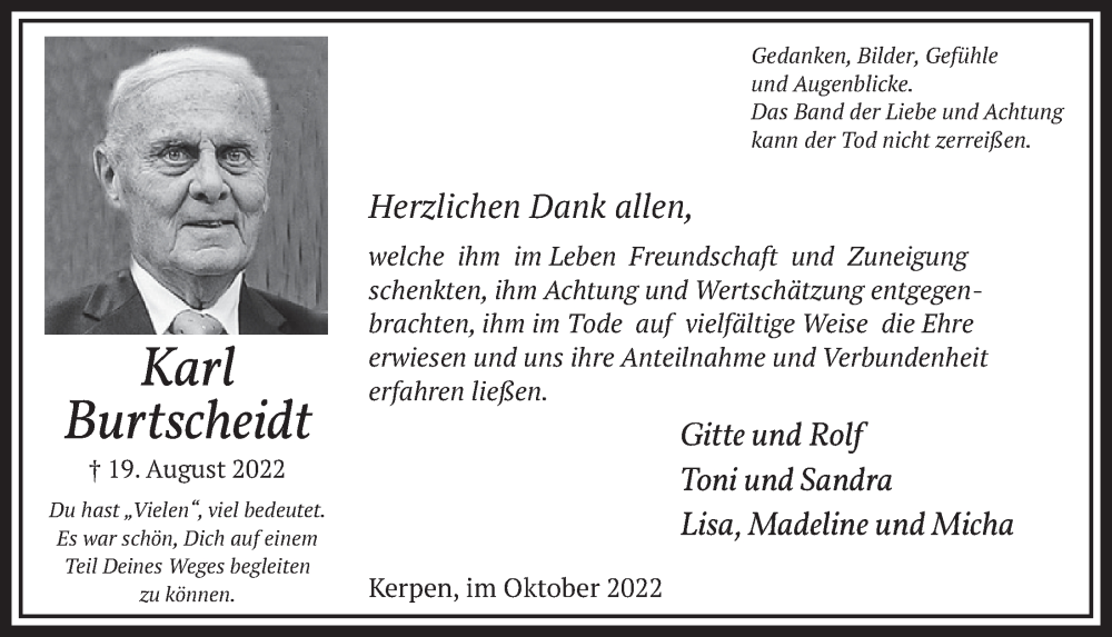  Traueranzeige für Karl Burtscheidt vom 30.09.2022 aus  Werbepost 