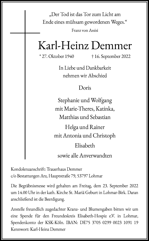  Traueranzeige für Karl-Heinz Demmer vom 21.09.2022 aus Kölner Stadt-Anzeiger / Kölnische Rundschau / Express