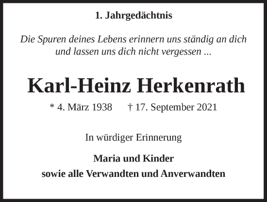 Anzeige von Karl-Heinz Herkenrath von  Bergisches Handelsblatt 