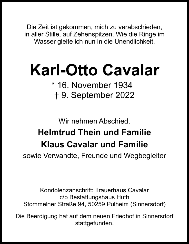  Traueranzeige für Karl-Otto Cavalar vom 24.09.2022 aus Kölner Stadt-Anzeiger / Kölnische Rundschau / Express
