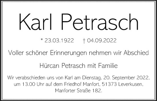 Anzeige von Karl Petrasch von Kölner Stadt-Anzeiger / Kölnische Rundschau / Express